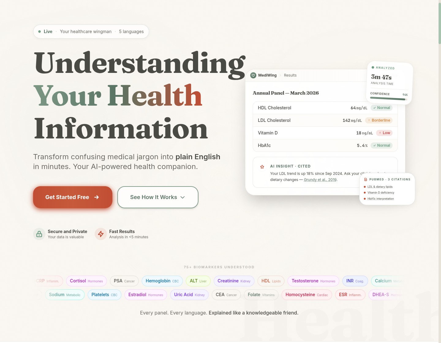 MediWing application showing a lab result analysis with explanations and citations